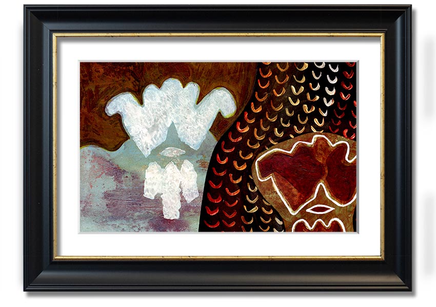 Framed Aboriginal Mirage print showcasing vibrant colors and intricate designs, ready to hang.