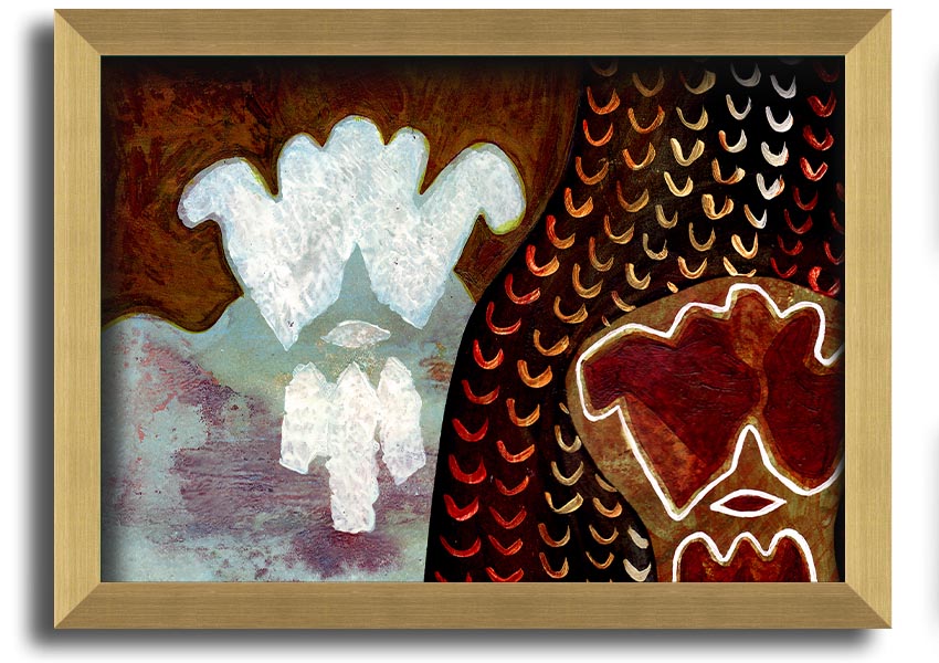 Framed Aboriginal Mirage print showcasing vibrant colors and intricate designs, ready to hang.