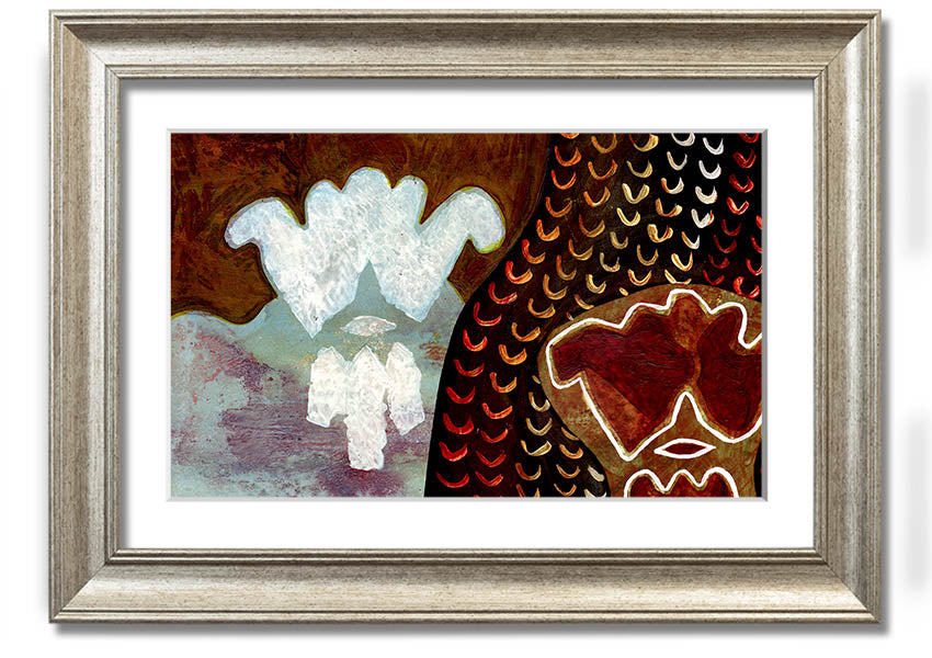 Framed Aboriginal Mirage print showcasing vibrant colors and intricate designs, ready to hang.