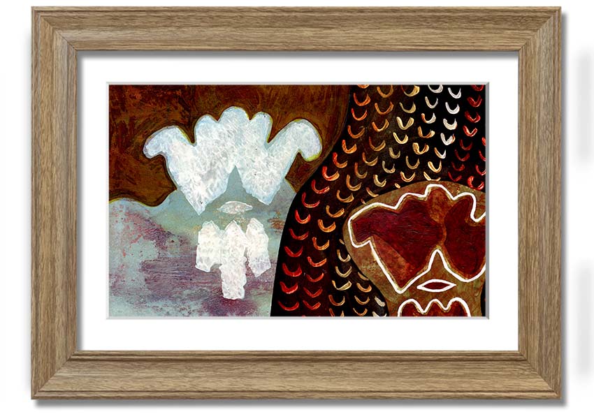 Framed Aboriginal Mirage print showcasing vibrant colors and intricate designs, ready to hang.