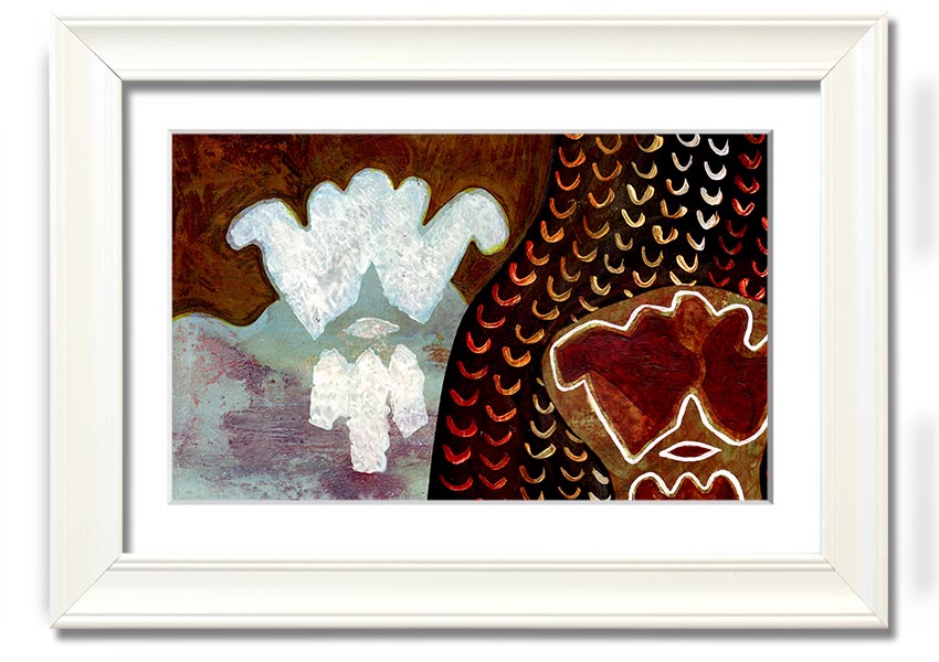 Framed Aboriginal Mirage print showcasing vibrant colors and intricate designs, ready to hang.