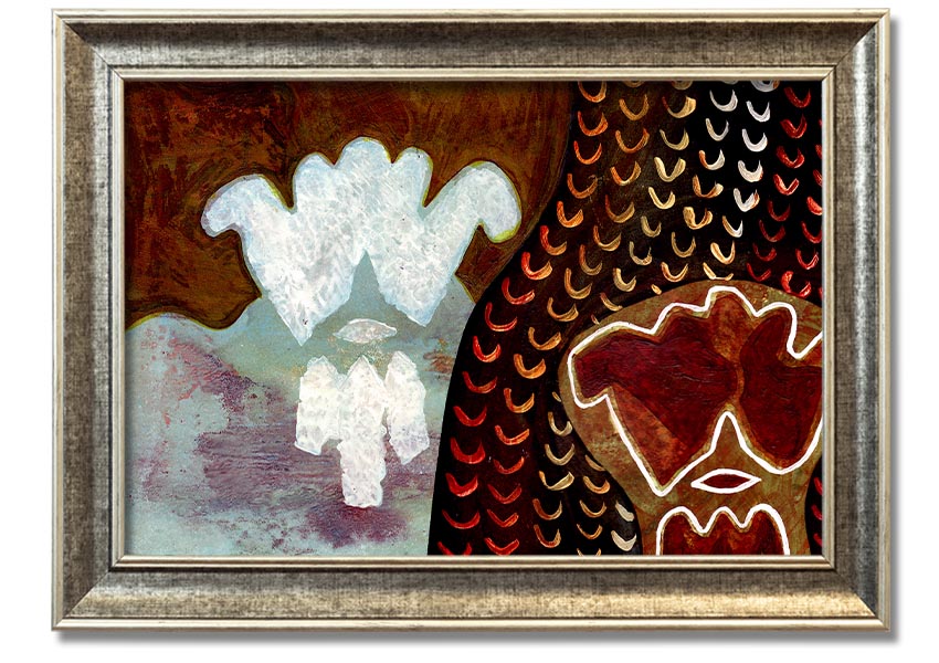 Framed Aboriginal Mirage print showcasing vibrant colors and intricate designs, ready to hang.