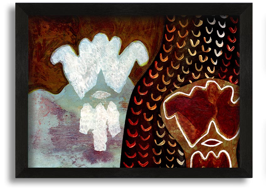 Framed Aboriginal Mirage print showcasing vibrant colors and intricate designs, ready to hang.