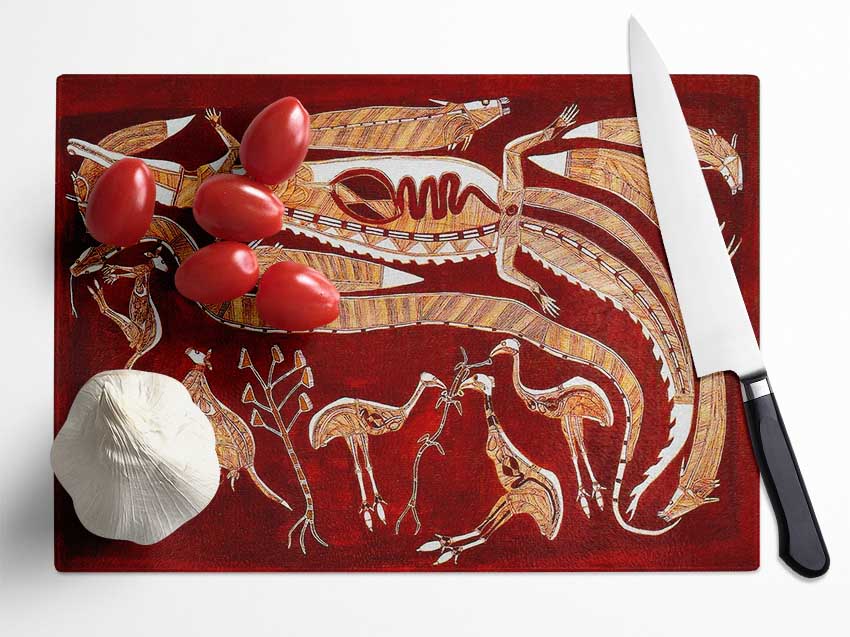 Aboriginal Nadjamerrek Lofty chopping board made of tempered glass with chinchilla ripple effect and anti-slip feet.