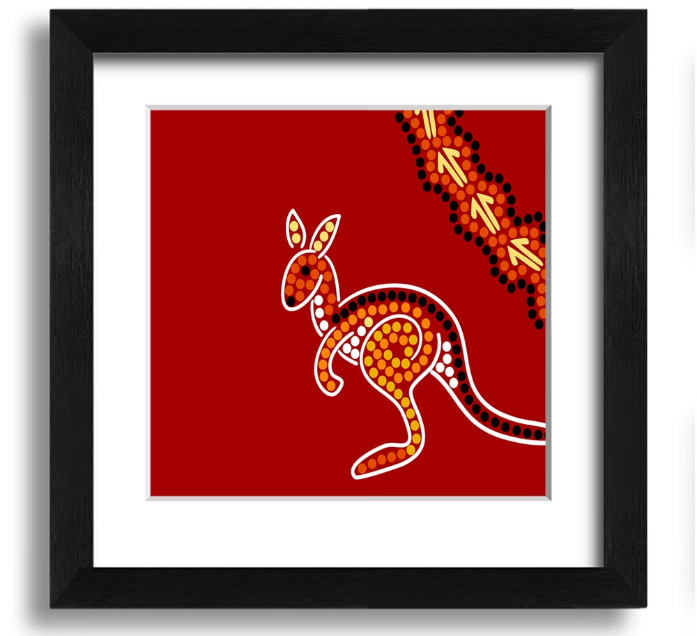 Square framed print of an Aboriginal Native Australian Kangaroo, showcasing vibrant colors and intricate details, ready to hang.