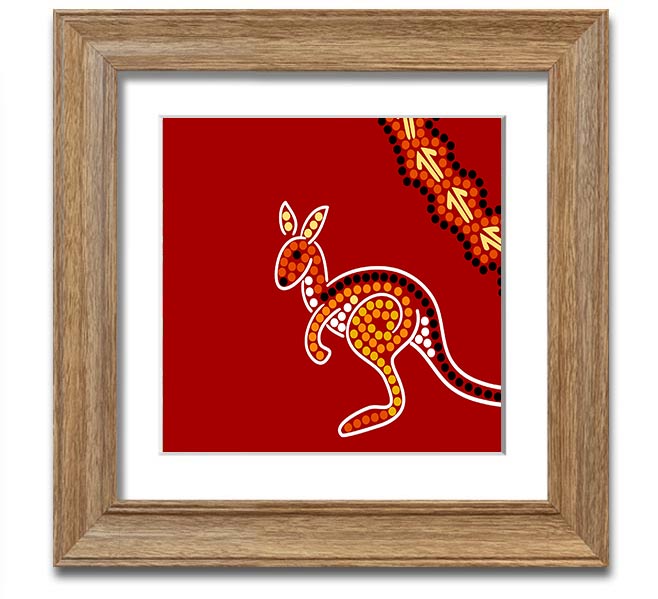 Square framed print of an Aboriginal Native Australian Kangaroo, showcasing vibrant colors and intricate details, ready to hang.