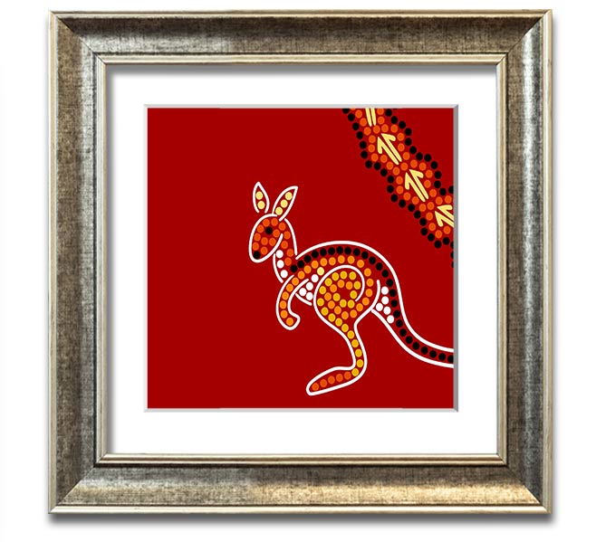 Square framed print of an Aboriginal Native Australian Kangaroo, showcasing vibrant colors and intricate details, ready to hang.