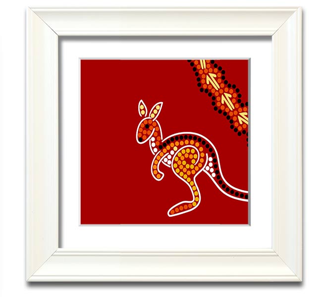 Square framed print of an Aboriginal Native Australian Kangaroo, showcasing vibrant colors and intricate details, ready to hang.