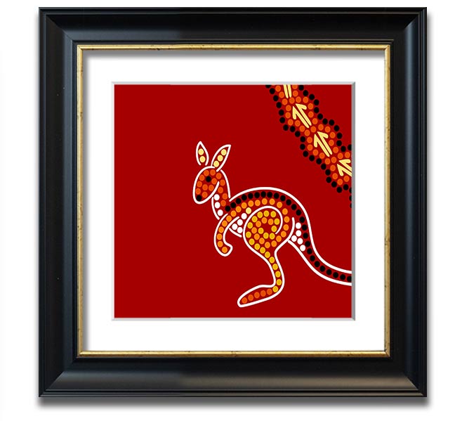 Square framed print of an Aboriginal Native Australian Kangaroo, showcasing vibrant colors and intricate details, ready to hang.