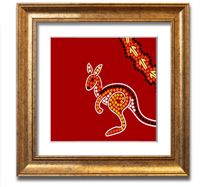 Square framed print of an Aboriginal Native Australian Kangaroo, showcasing vibrant colors and intricate details, ready to hang.