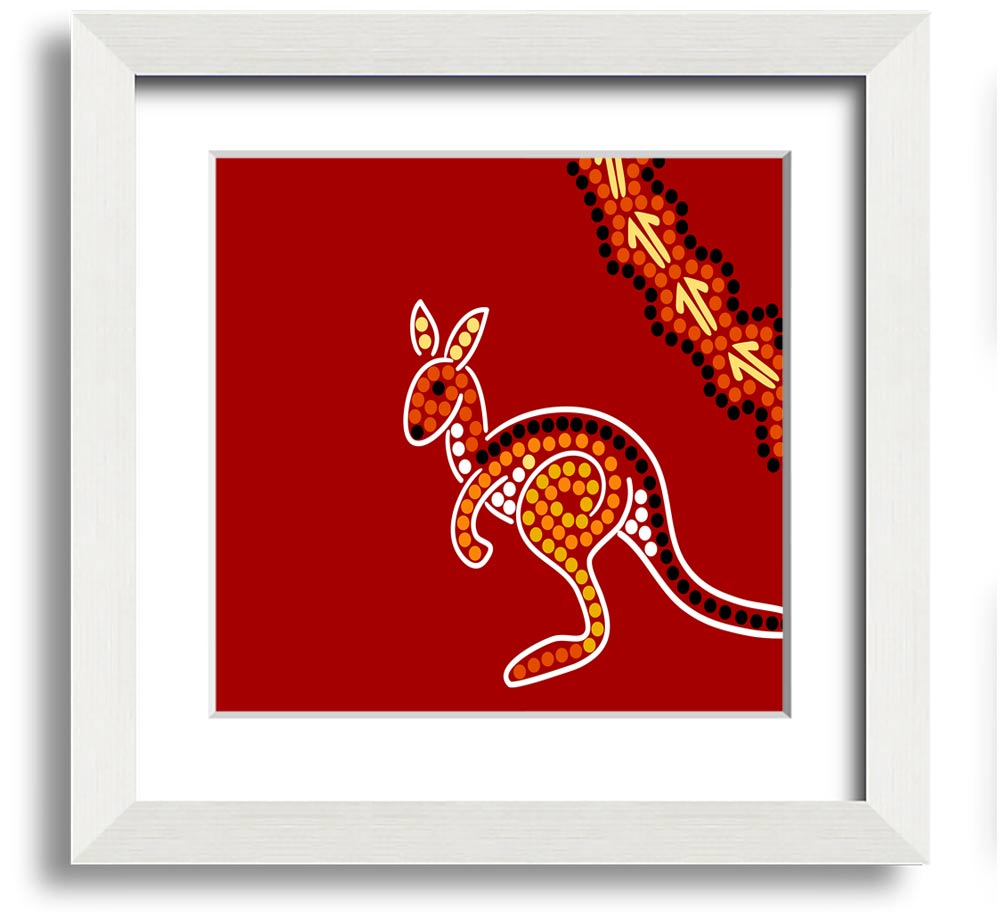 Square framed print of an Aboriginal Native Australian Kangaroo, showcasing vibrant colors and intricate details, ready to hang.