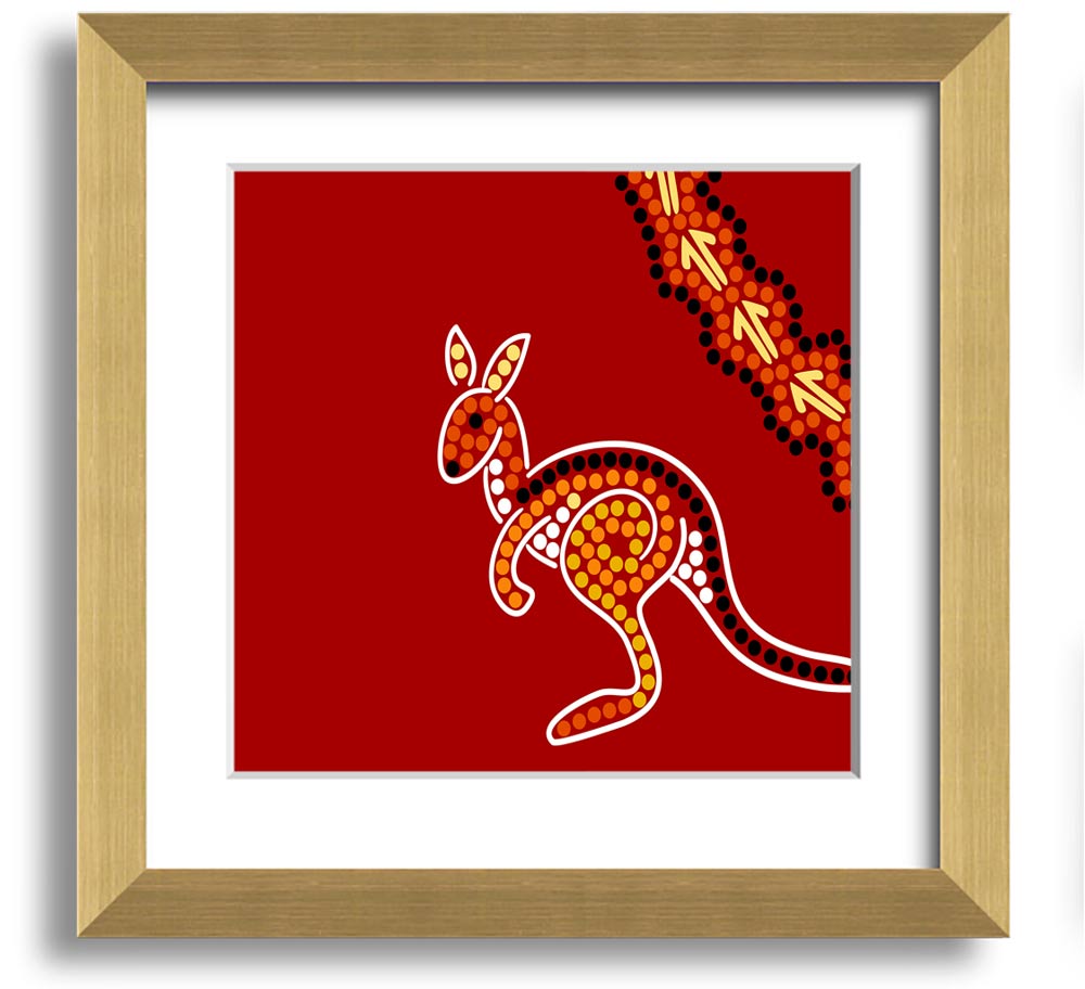 Square framed print of an Aboriginal Native Australian Kangaroo, showcasing vibrant colors and intricate details, ready to hang.