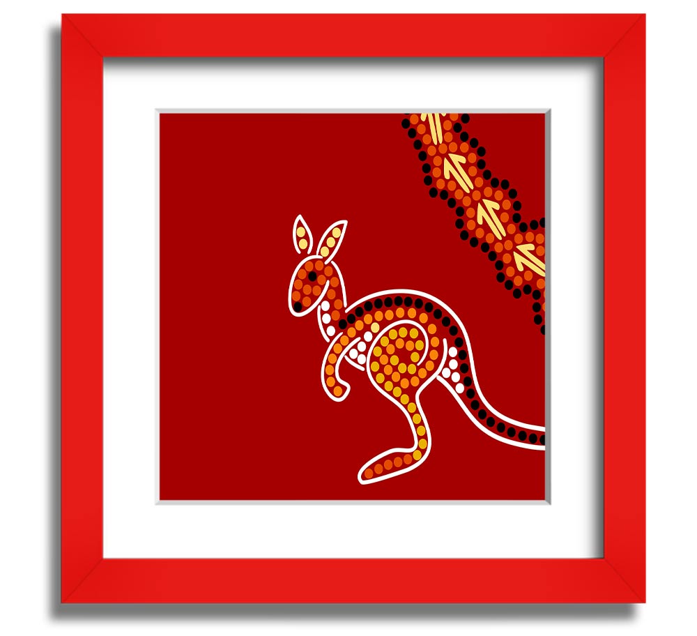 Square framed print of an Aboriginal Native Australian Kangaroo, showcasing vibrant colors and intricate details, ready to hang.