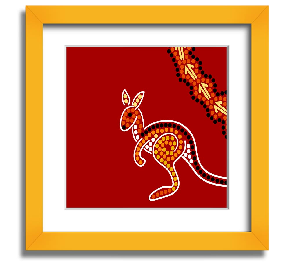 Square framed print of an Aboriginal Native Australian Kangaroo, showcasing vibrant colors and intricate details, ready to hang.