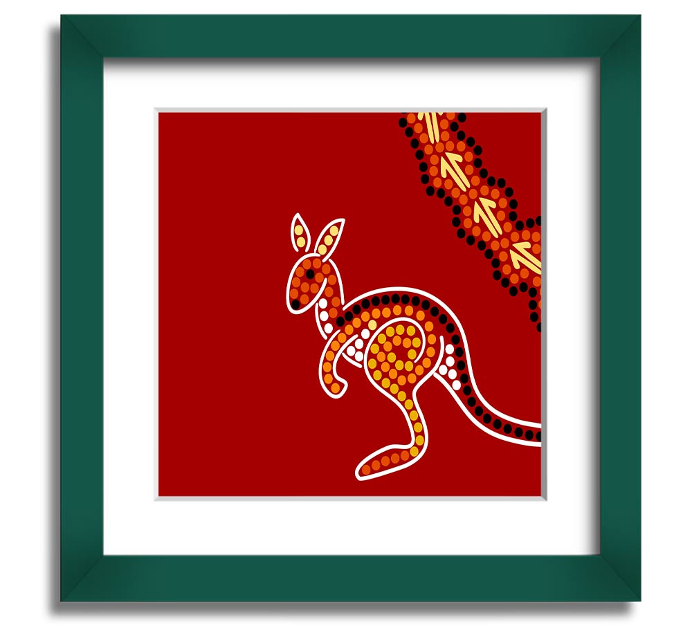 Square framed print of an Aboriginal Native Australian Kangaroo, showcasing vibrant colors and intricate details, ready to hang.