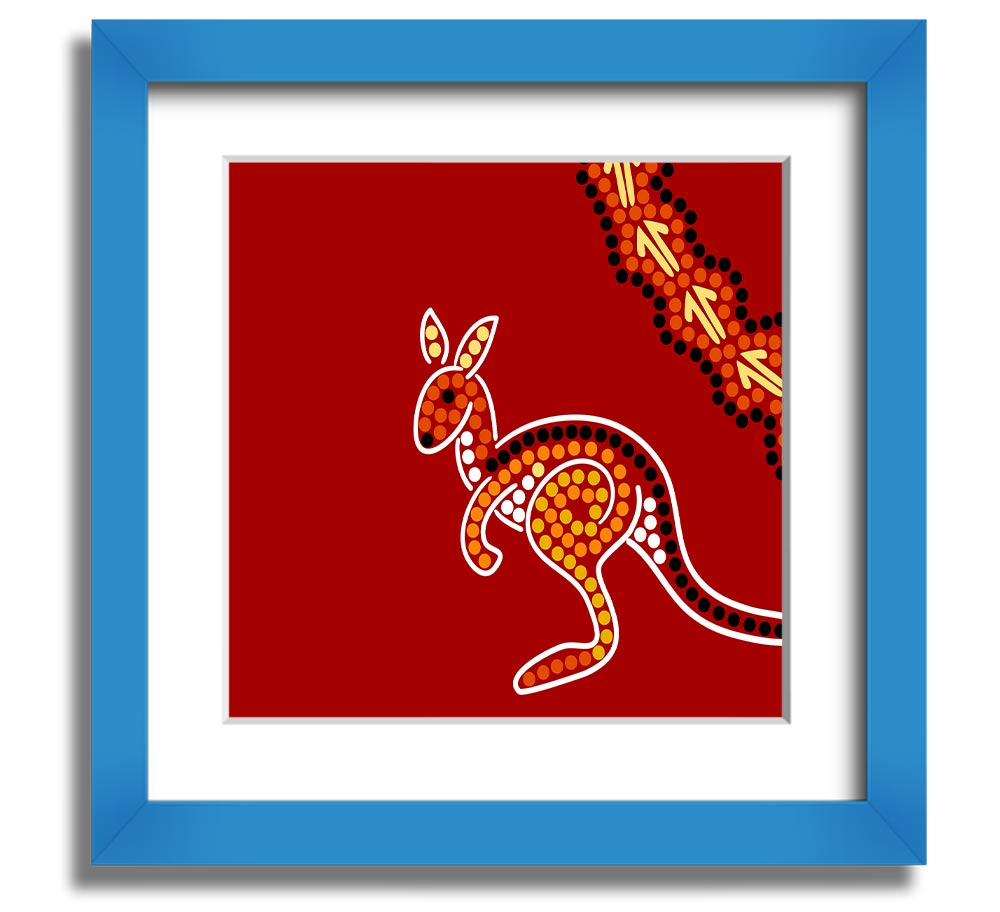 Square framed print of an Aboriginal Native Australian Kangaroo, showcasing vibrant colors and intricate details, ready to hang.