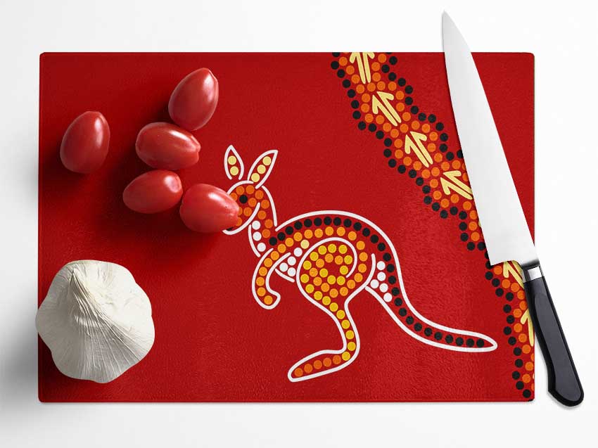 A beautifully designed Aboriginal Native Australian Kangaroo chopping board made from tempered glass with a chinchilla ripple effect.