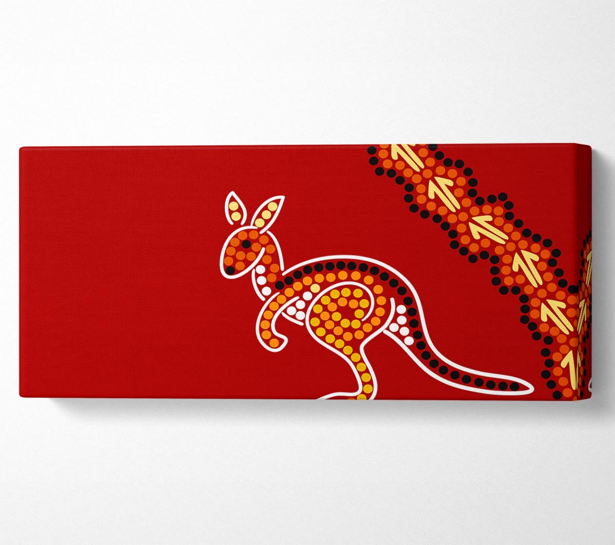 A beautifully printed Aboriginal Native Australian Kangaroo canvas art mounted on a 44mm box frame, showcasing vibrant colors and intricate details.