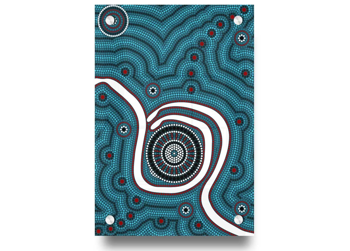 Vibrant Aboriginal Pattern 1 acrylic print on 5mm thick glass, showcasing intricate designs and colors.