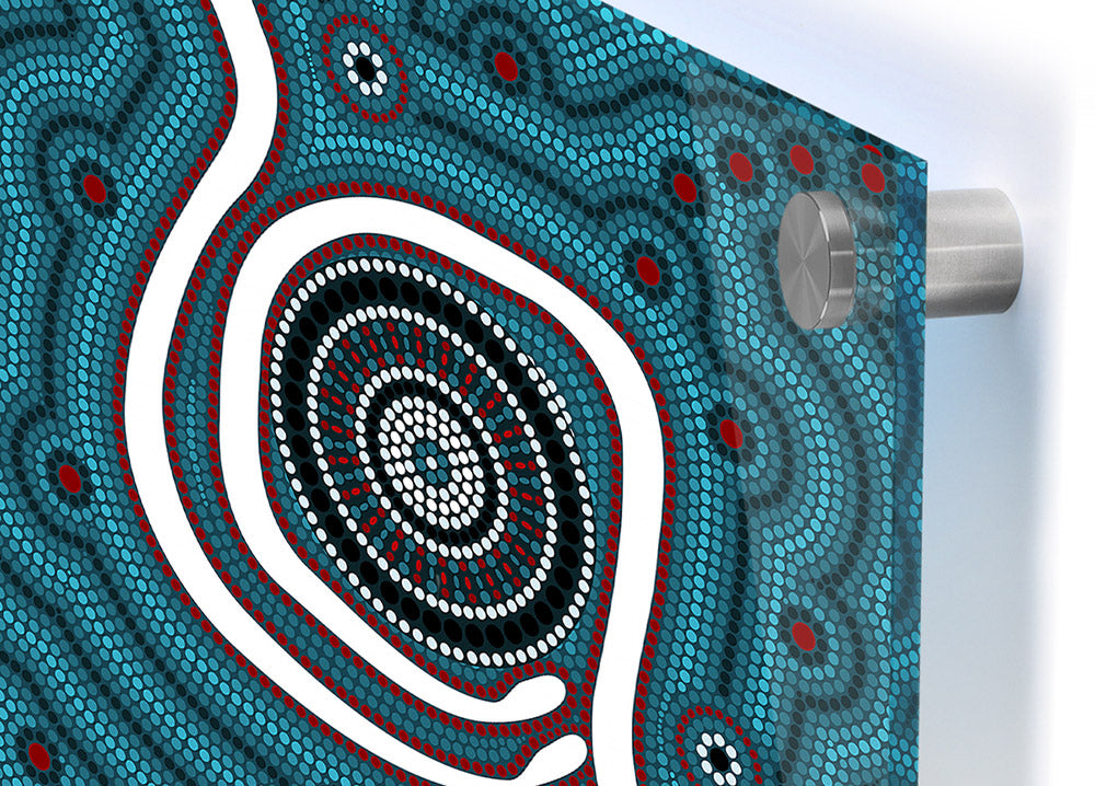 Vibrant Aboriginal Pattern 1 acrylic print on 5mm thick glass, showcasing intricate designs and colors.