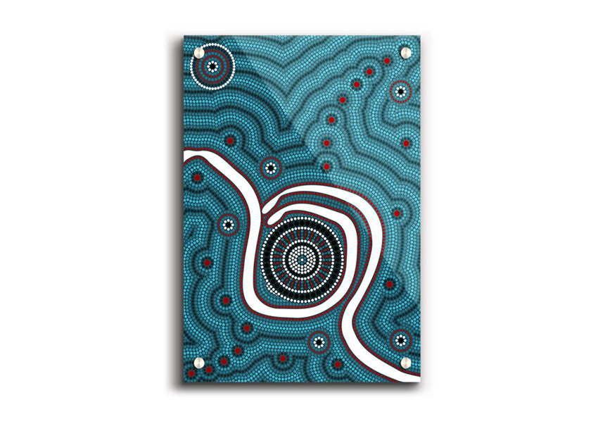 Vibrant Aboriginal Pattern 1 acrylic print on 5mm thick glass, showcasing intricate designs and colors.