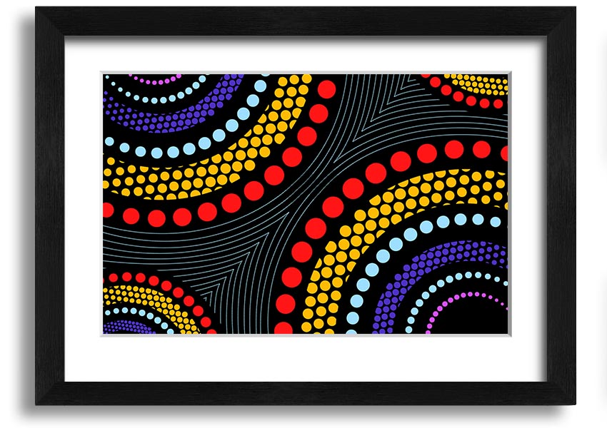 Framed print of Aboriginal Pattern 11 featuring vibrant colors and intricate designs, ready to hang.