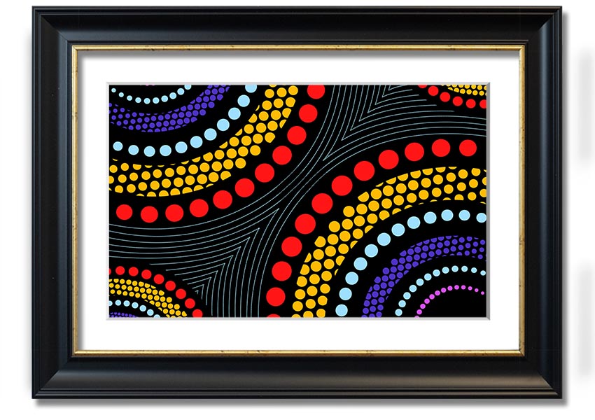 Framed print of Aboriginal Pattern 11 featuring vibrant colors and intricate designs, ready to hang.