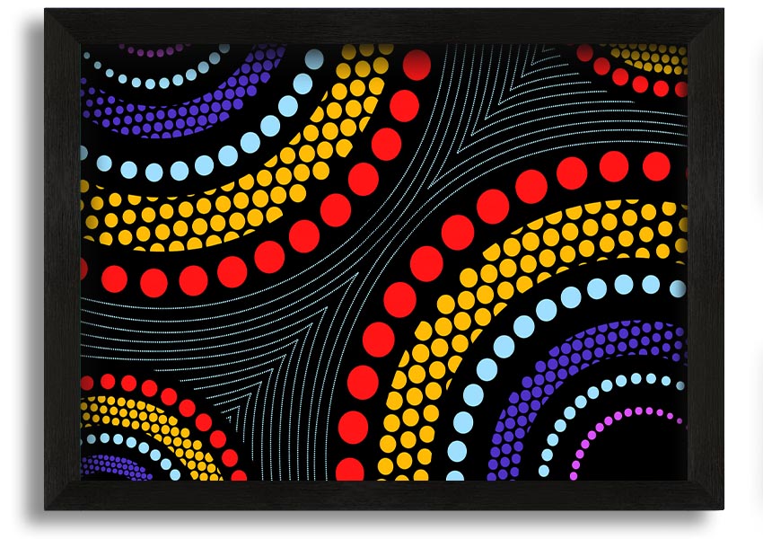 Framed print of Aboriginal Pattern 11 featuring vibrant colors and intricate designs, ready to hang.