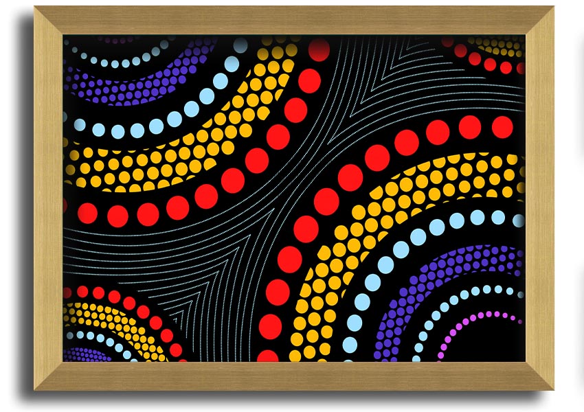 Framed print of Aboriginal Pattern 11 featuring vibrant colors and intricate designs, ready to hang.