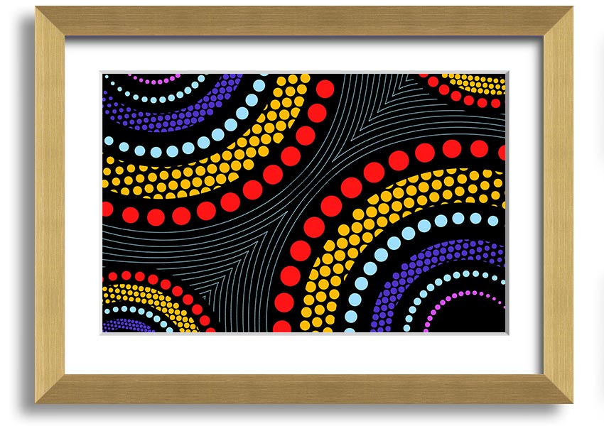 Framed print of Aboriginal Pattern 11 featuring vibrant colors and intricate designs, ready to hang.