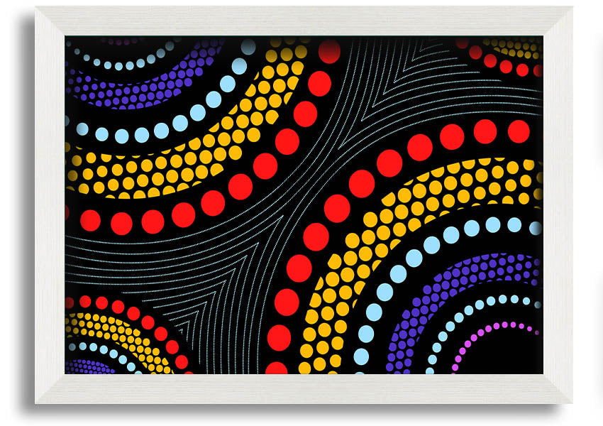 Framed print of Aboriginal Pattern 11 featuring vibrant colors and intricate designs, ready to hang.