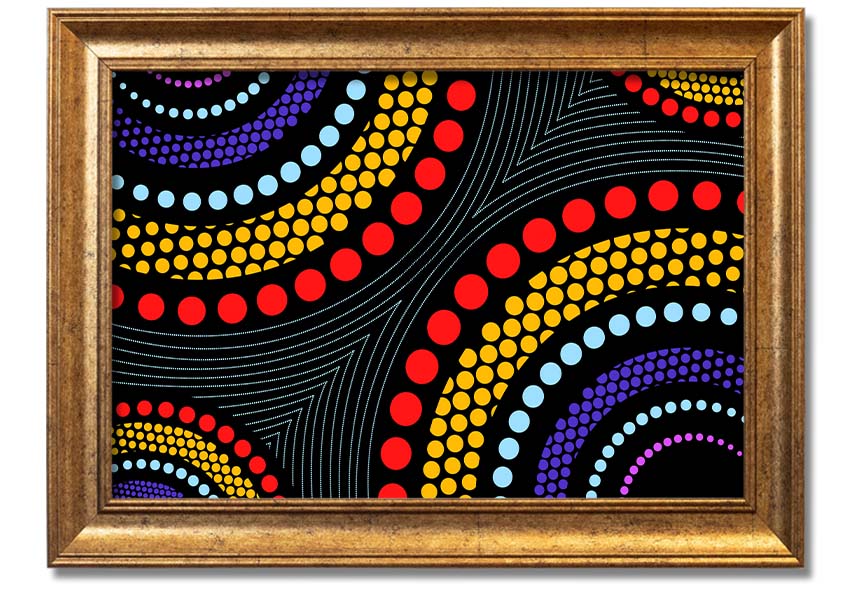 Framed print of Aboriginal Pattern 11 featuring vibrant colors and intricate designs, ready to hang.