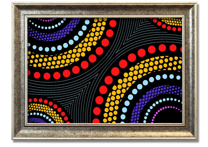 Framed print of Aboriginal Pattern 11 featuring vibrant colors and intricate designs, ready to hang.