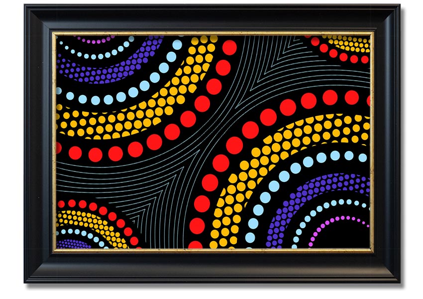 Framed print of Aboriginal Pattern 11 featuring vibrant colors and intricate designs, ready to hang.