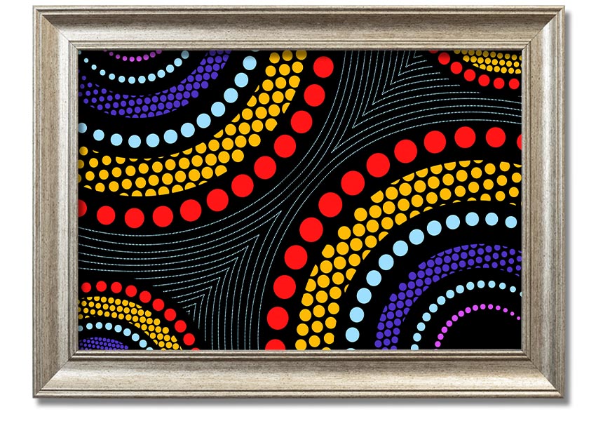 Framed print of Aboriginal Pattern 11 featuring vibrant colors and intricate designs, ready to hang.