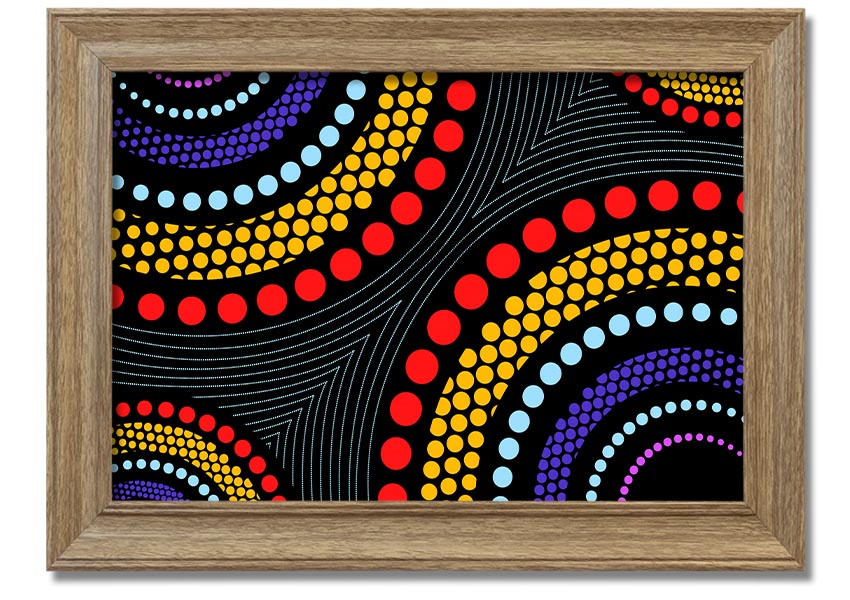 Framed print of Aboriginal Pattern 11 featuring vibrant colors and intricate designs, ready to hang.