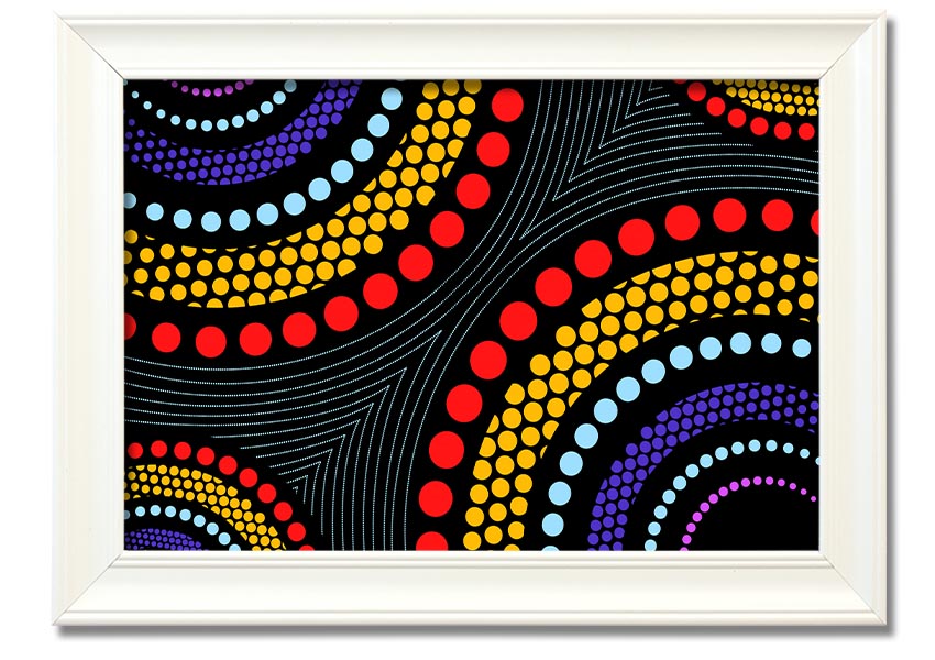 Framed print of Aboriginal Pattern 11 featuring vibrant colors and intricate designs, ready to hang.