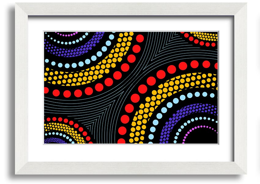 Framed print of Aboriginal Pattern 11 featuring vibrant colors and intricate designs, ready to hang.