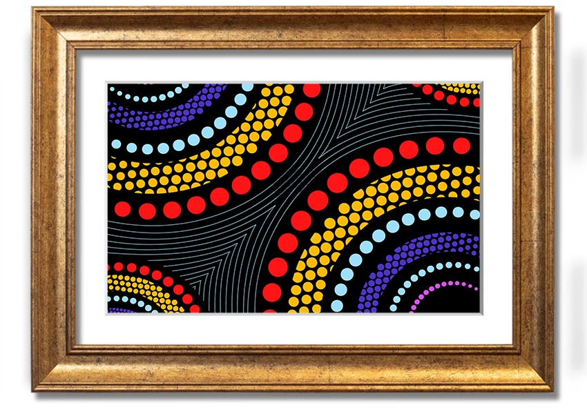 Framed print of Aboriginal Pattern 11 featuring vibrant colors and intricate designs, ready to hang.