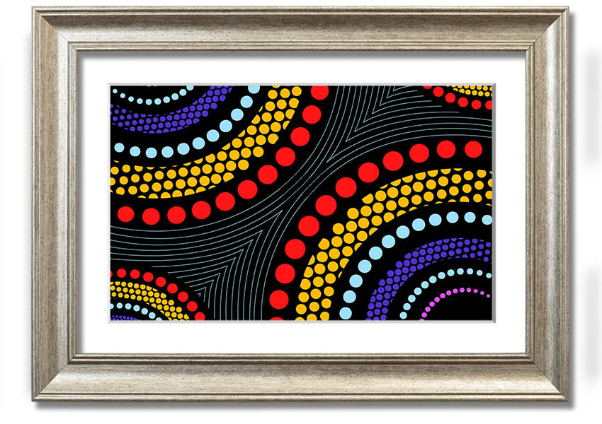 Framed print of Aboriginal Pattern 11 featuring vibrant colors and intricate designs, ready to hang.