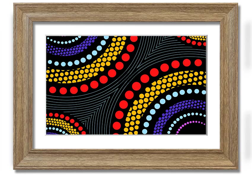 Framed print of Aboriginal Pattern 11 featuring vibrant colors and intricate designs, ready to hang.