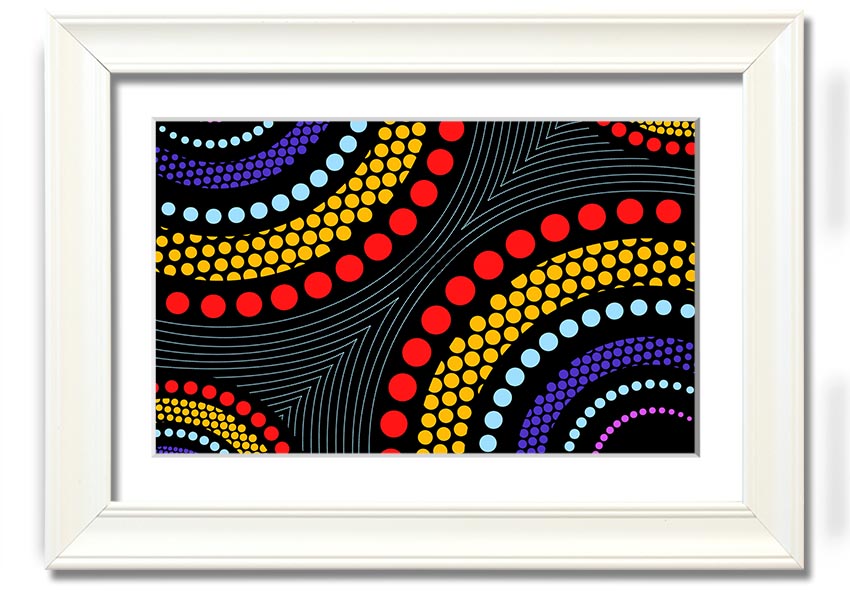 Framed print of Aboriginal Pattern 11 featuring vibrant colors and intricate designs, ready to hang.