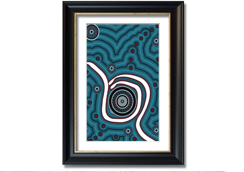 Framed print of Aboriginal Pattern 1 featuring intricate designs, available in various frame colours.