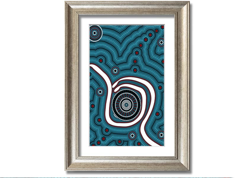 Framed print of Aboriginal Pattern 1 featuring intricate designs, available in various frame colours.