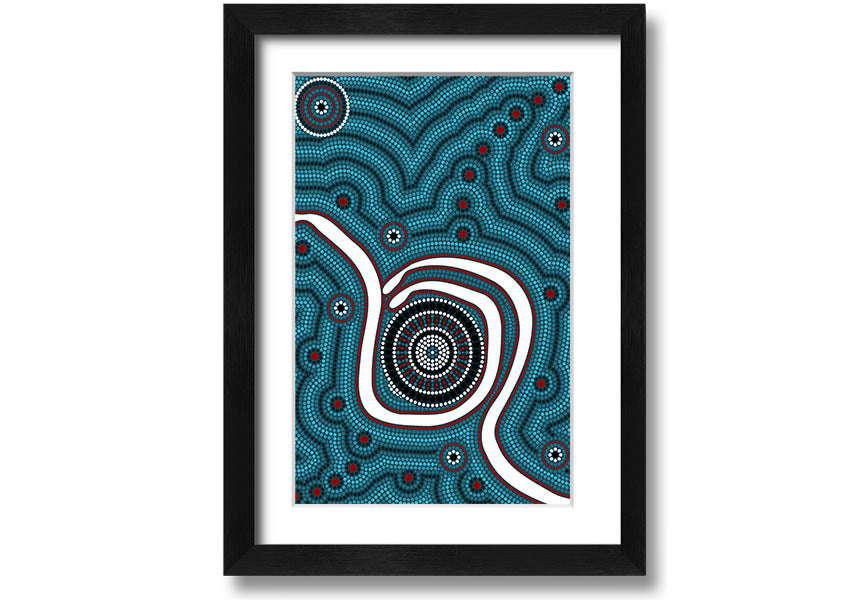 Framed print of Aboriginal Pattern 1 featuring intricate designs, available in various frame colours.