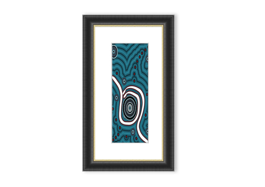 Framed Aboriginal Pattern 1 print with vibrant colors and intricate designs, available in various frame colors.