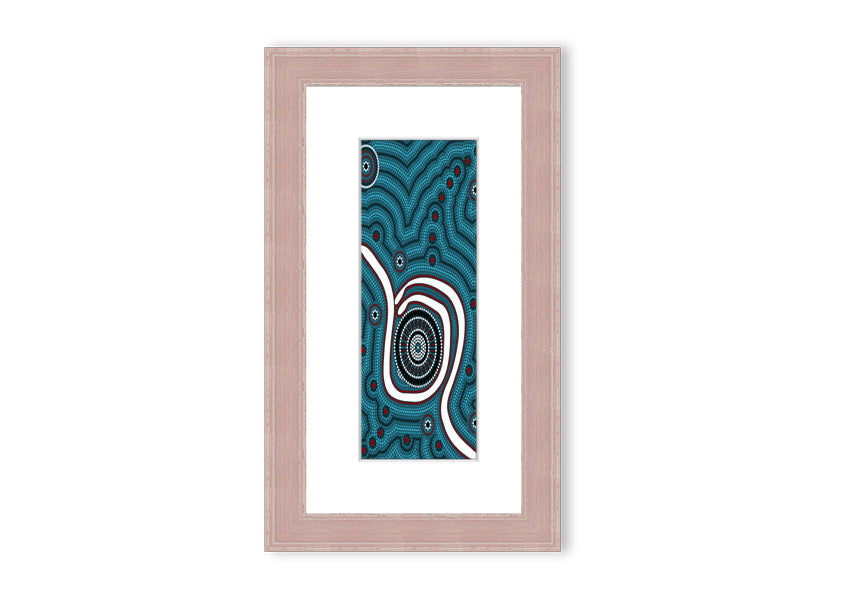 Framed Aboriginal Pattern 1 print with vibrant colors and intricate designs, available in various frame colors.