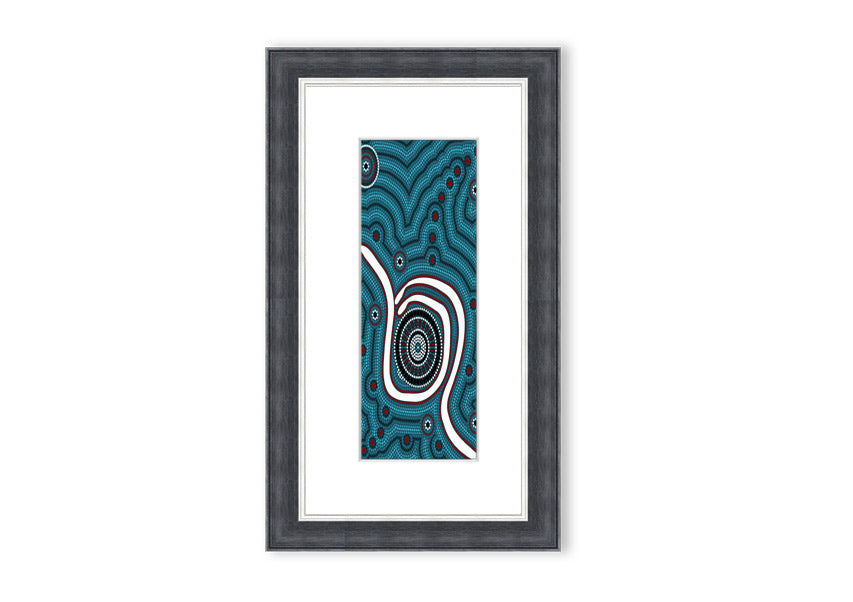 Framed Aboriginal Pattern 1 print with vibrant colors and intricate designs, available in various frame colors.