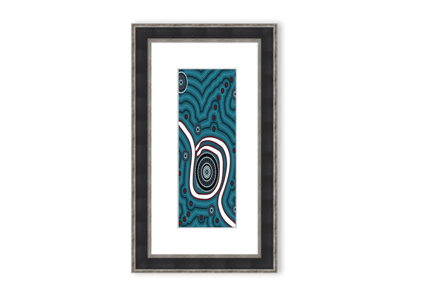 Framed Aboriginal Pattern 1 print with vibrant colors and intricate designs, available in various frame colors.