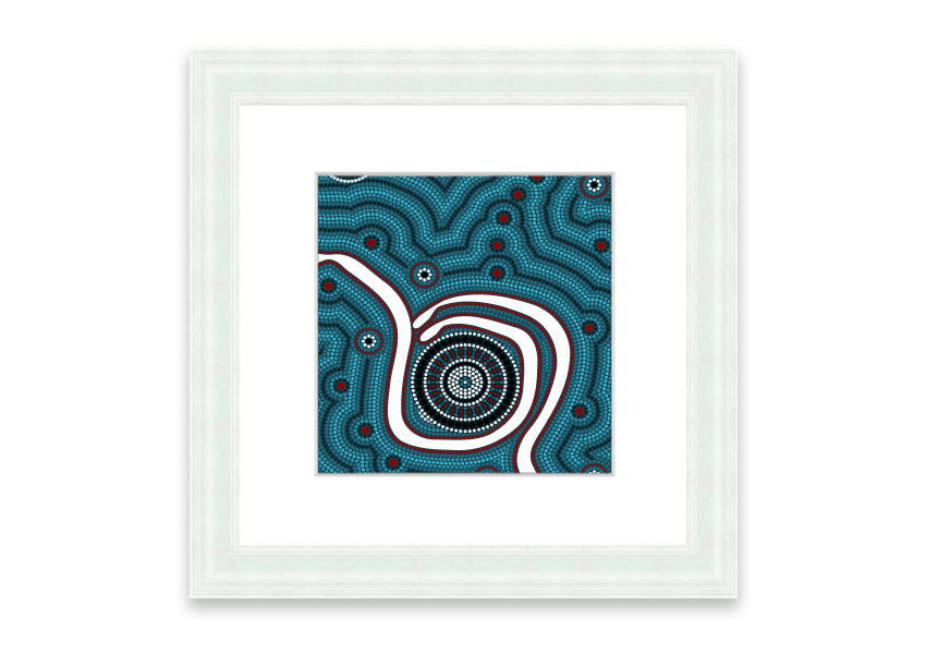 Framed Aboriginal Pattern 1 print with vibrant colors and intricate designs, available in various frame colors.